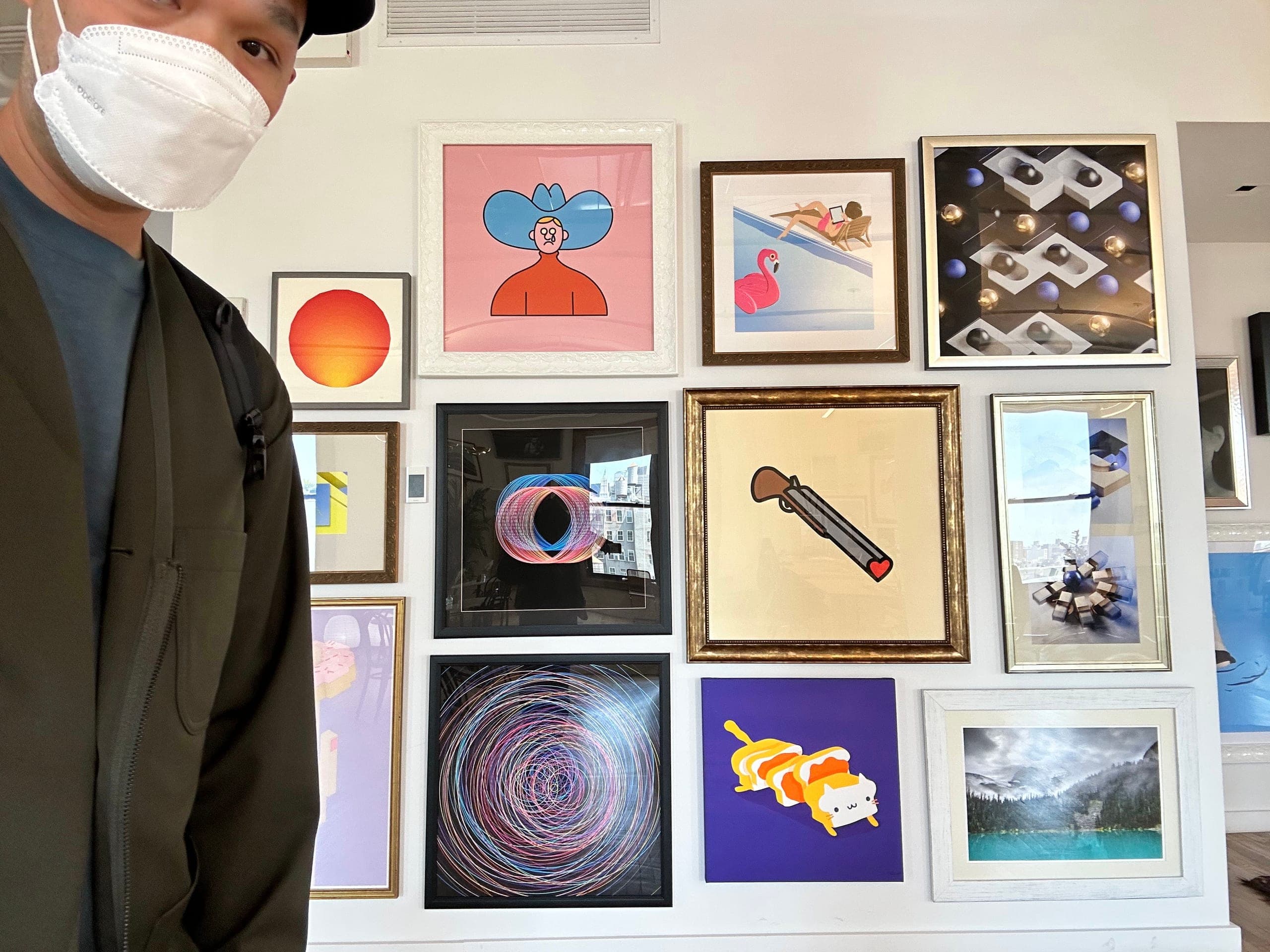 Two Double Vision prints in a salon-hung gallery wall at Automattic's New York office, Ballio at the edge of the frame