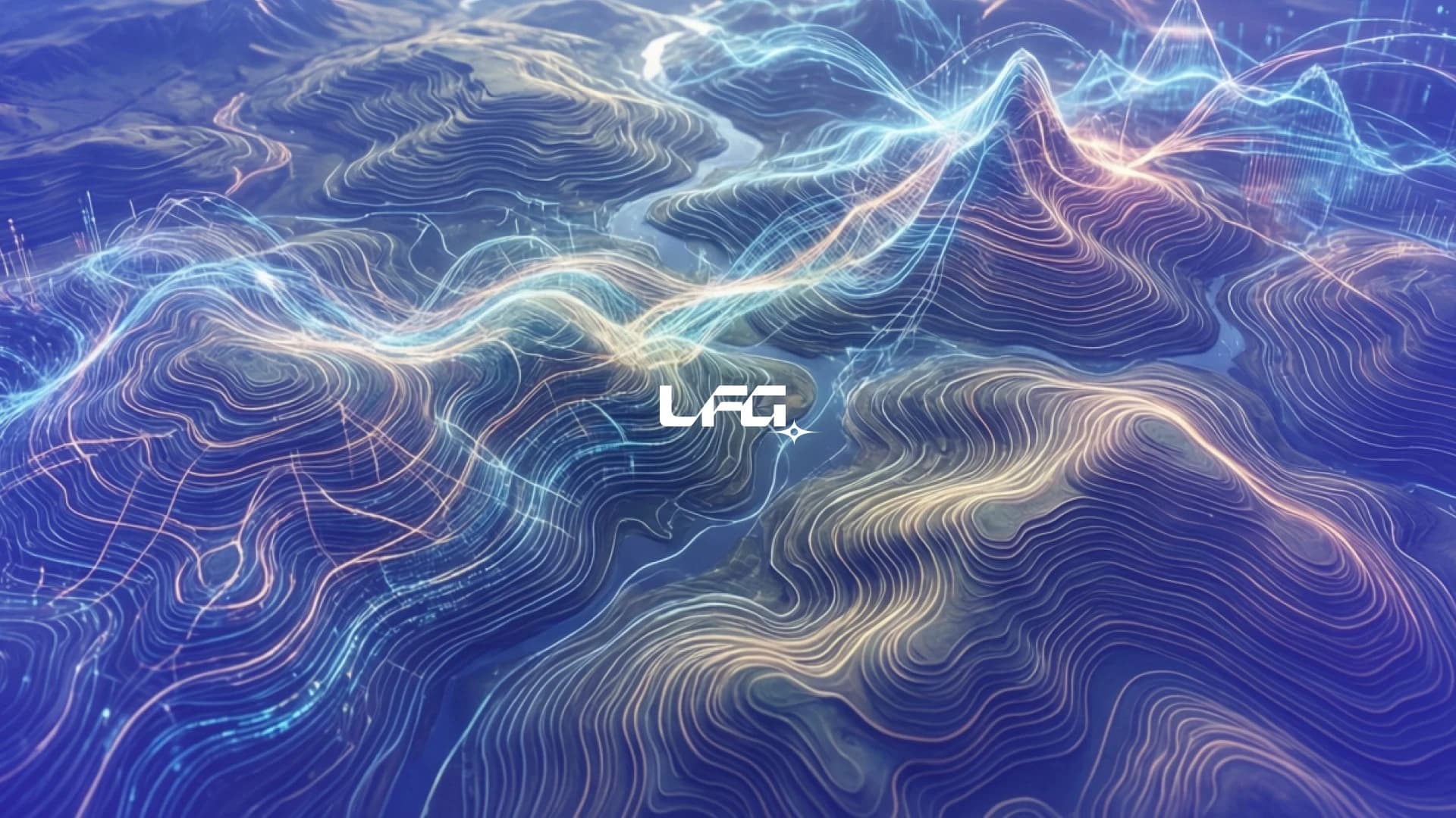 The LFG mark over a generative contour-field landscape in blue and amber