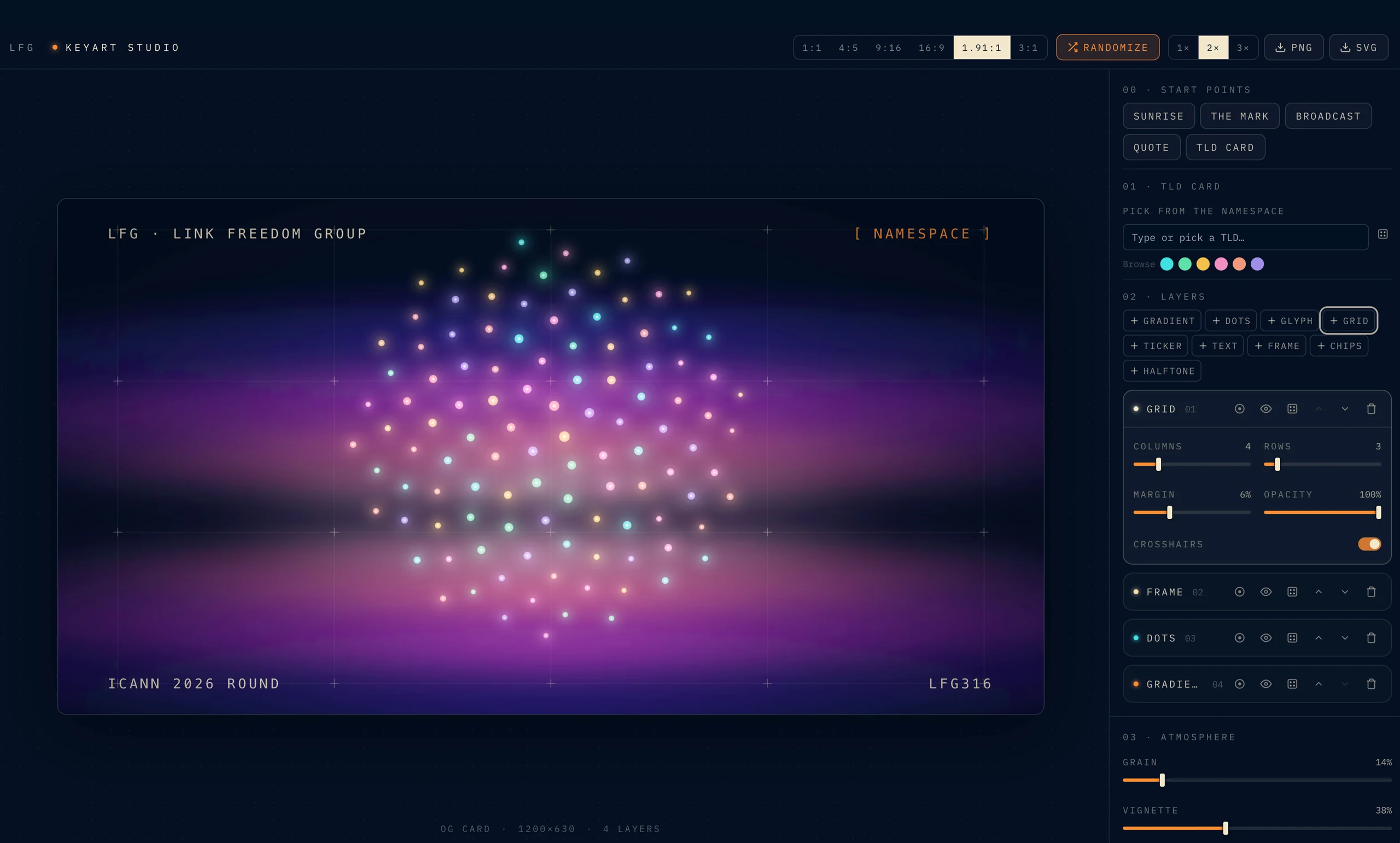 The LFG keyart studio, a layer-based editor generating branded namespace graphics for export