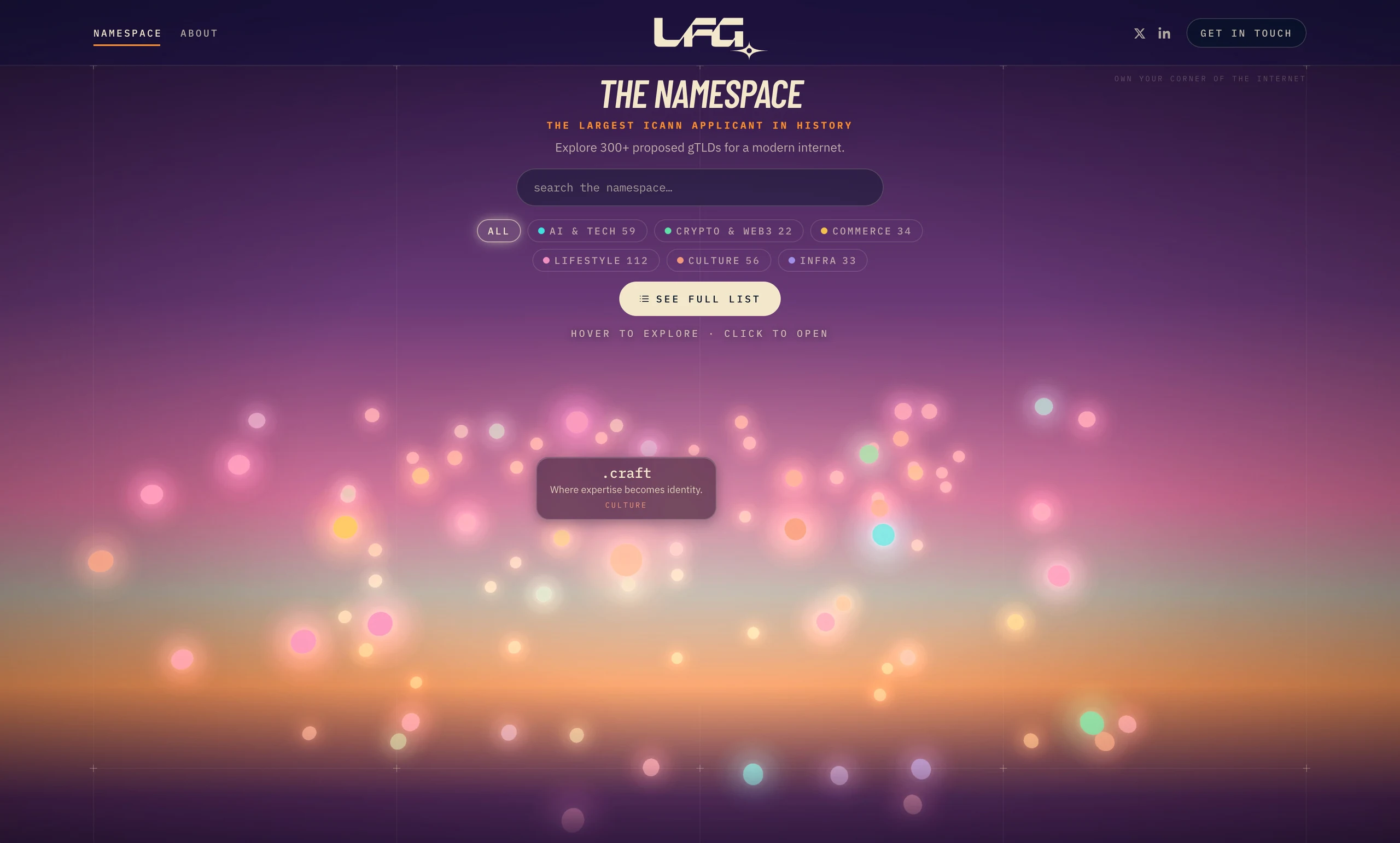 The LFG namespace — 300+ proposed domains as a glowing field over a sunrise, with search and category filters