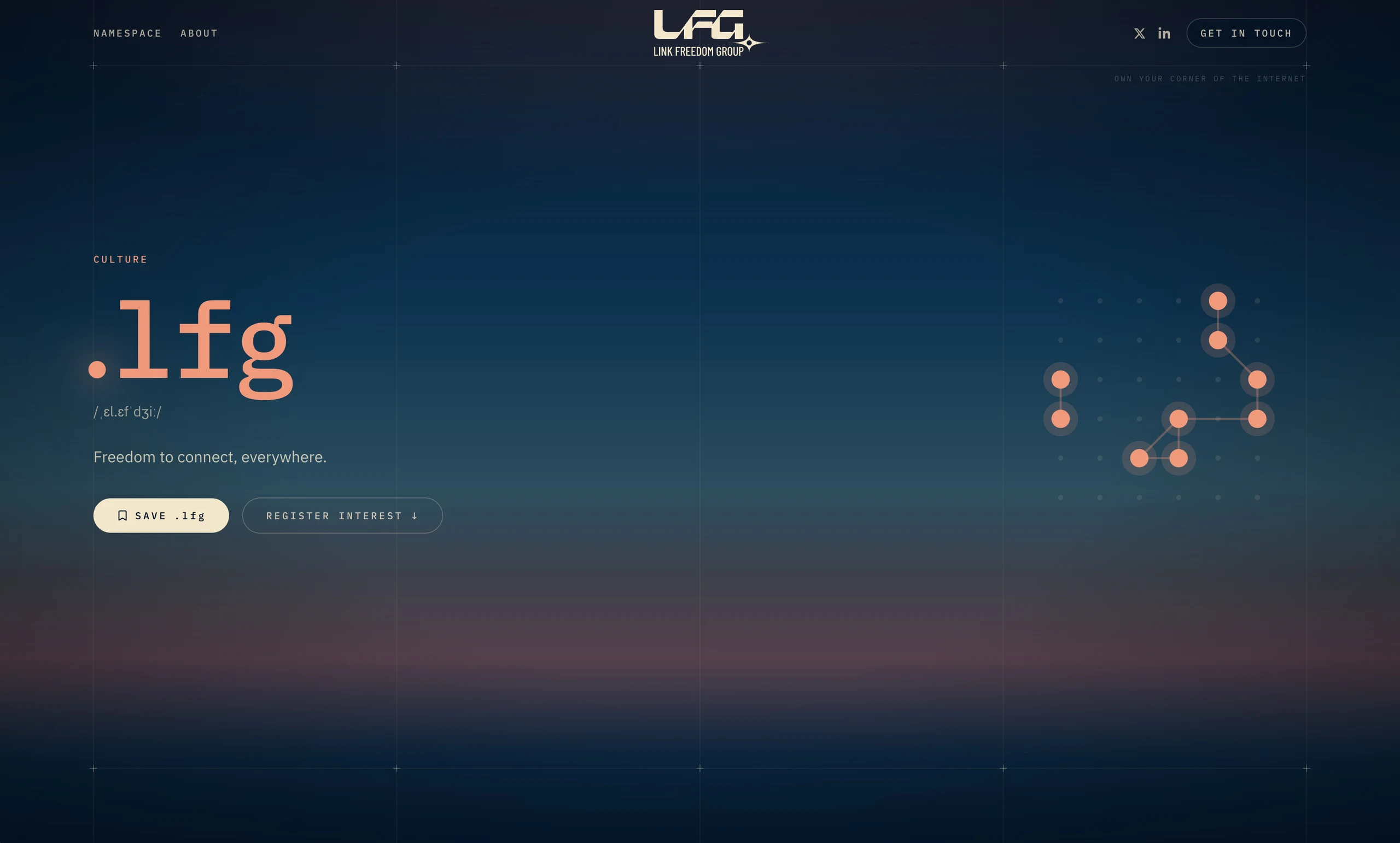 A single domain page on the LFG site, .lfg, tagged Culture, with save and register-interest actions