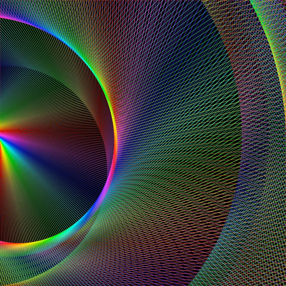 Rainbow-colored lines twisting across a black field